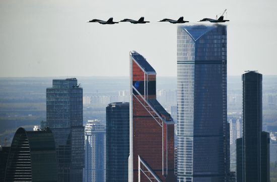 Military aircraft during Victory Day parade rehearsal
