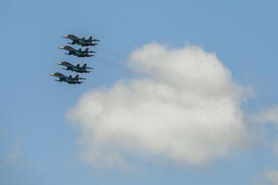 Military aircraft during Victory Day parade rehearsal
