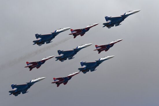 Military aircraft during Victory Day parade rehearsal