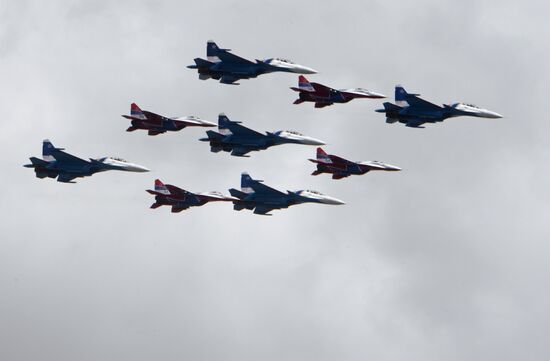 Military aircraft during Victory Day parade rehearsal