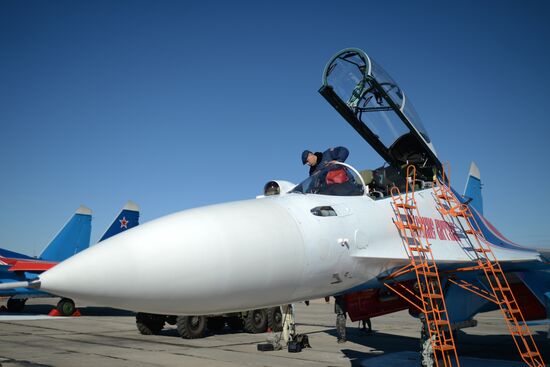 Military aircraft during Victory Day parade rehearsal