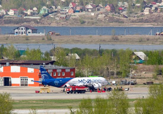 Irkut MC-21 aircraft leaves the final assembly shop in Irkutsk