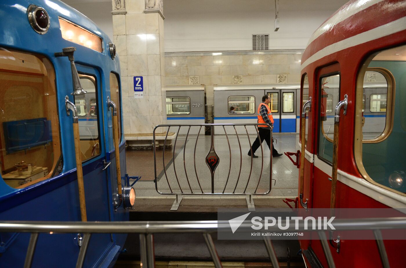 Display of antique Moscow metro trains