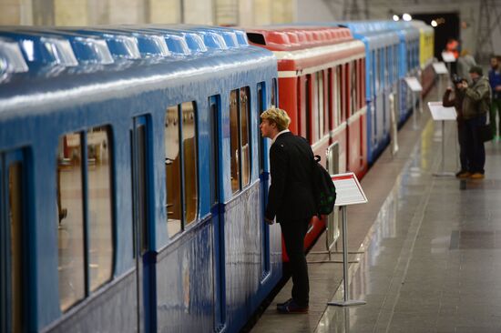 Display of antique Moscow metro trains