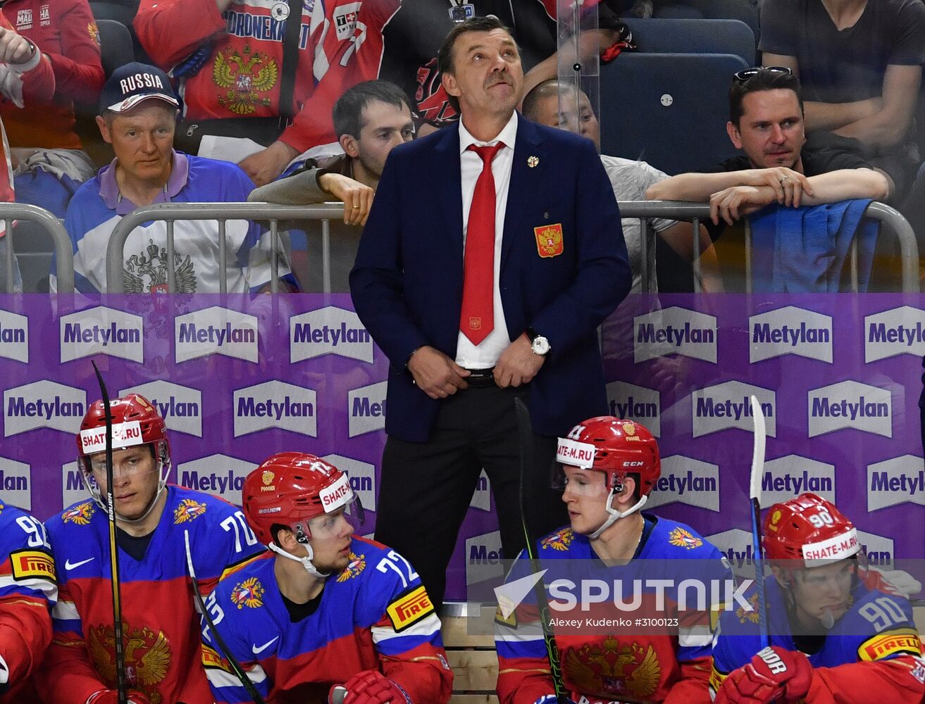 Russian national team head coach Oleg Znarok at the 2017 IIHF World Championship group stage match between the national teams of Russia and the USA. Location: Germany, Cologne . Author: Alexey Kudenko/Sputnik. 2017 IIHF World Championship. Russia vs USA