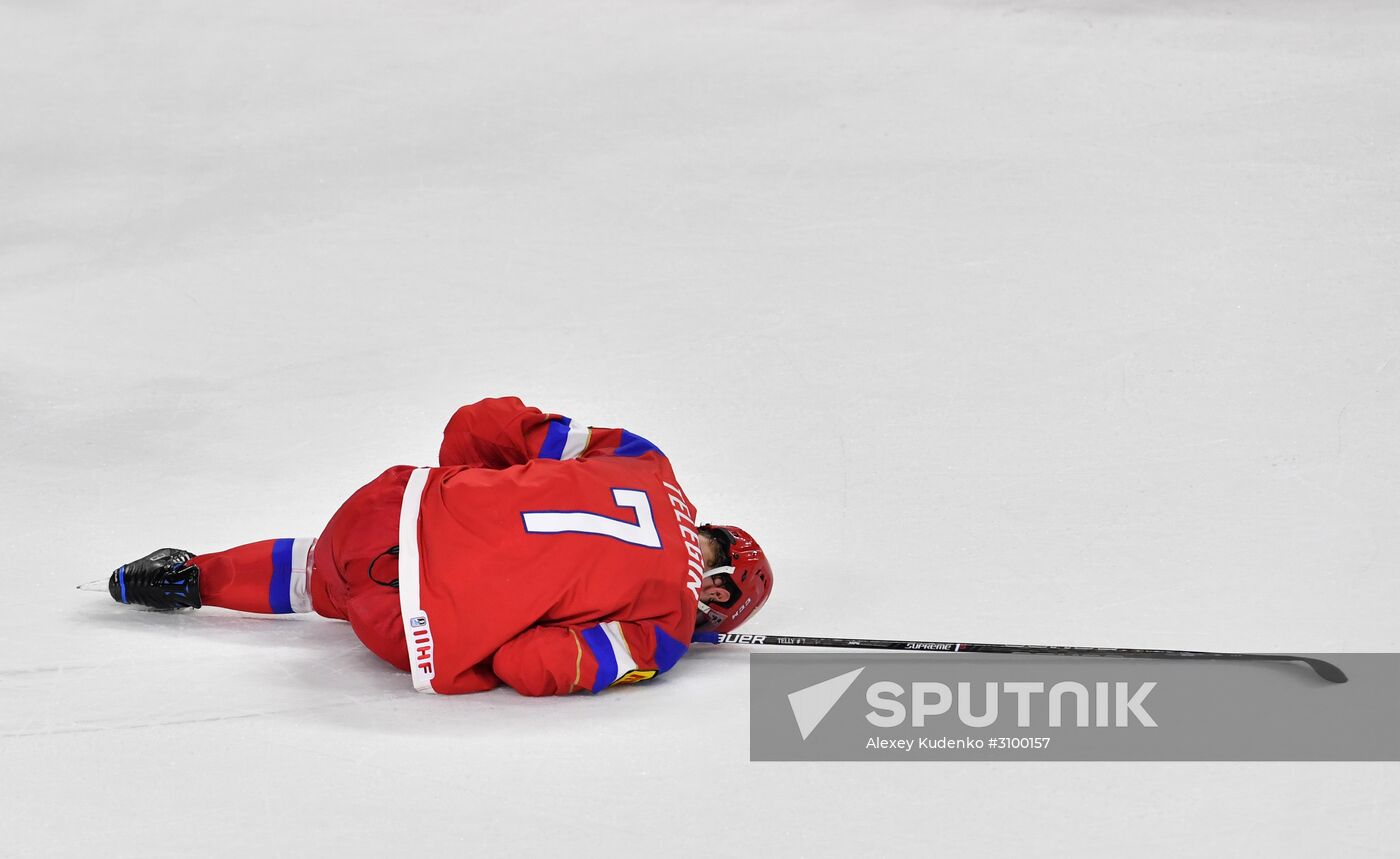 Russia's player Ivan Telegin at the 2017 IIHF World Championship group stage match between the national teams of Russia and the USA. Location: Germany, Cologne . Author: Alexey Kudenko/Sputnik. 2017 IIHF World Championship. Russia vs USA