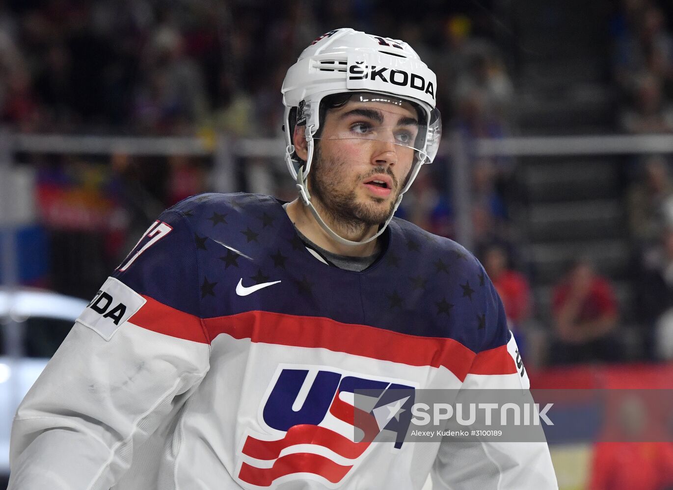 US player Nick Schmaltz at the 2017 IIHF World Championship group stage match between the national teams of Russia and the USA. Location: Germany, Cologne . Author: Alexey Kudenko/Sputnik. 2017 IIHF World Championship. Russia vs USA