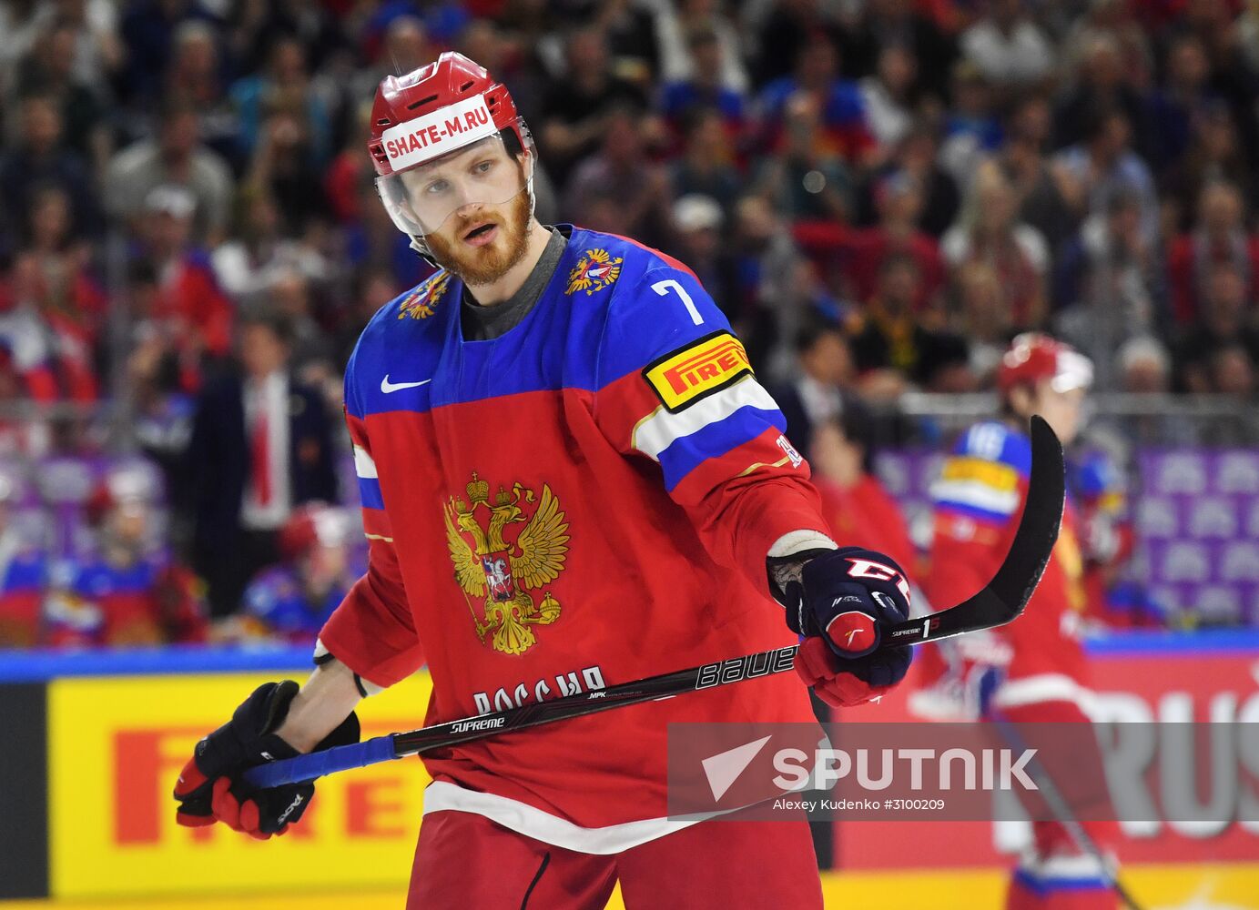 Russia's player Ivan Telegin at the 2017 IIHF World Championship group stage match between the national teams of Russia and the USA. Location: Germany, Cologne . Author: Alexey Kudenko/Sputnik. 2017 IIHF World Championship. Russia vs USA