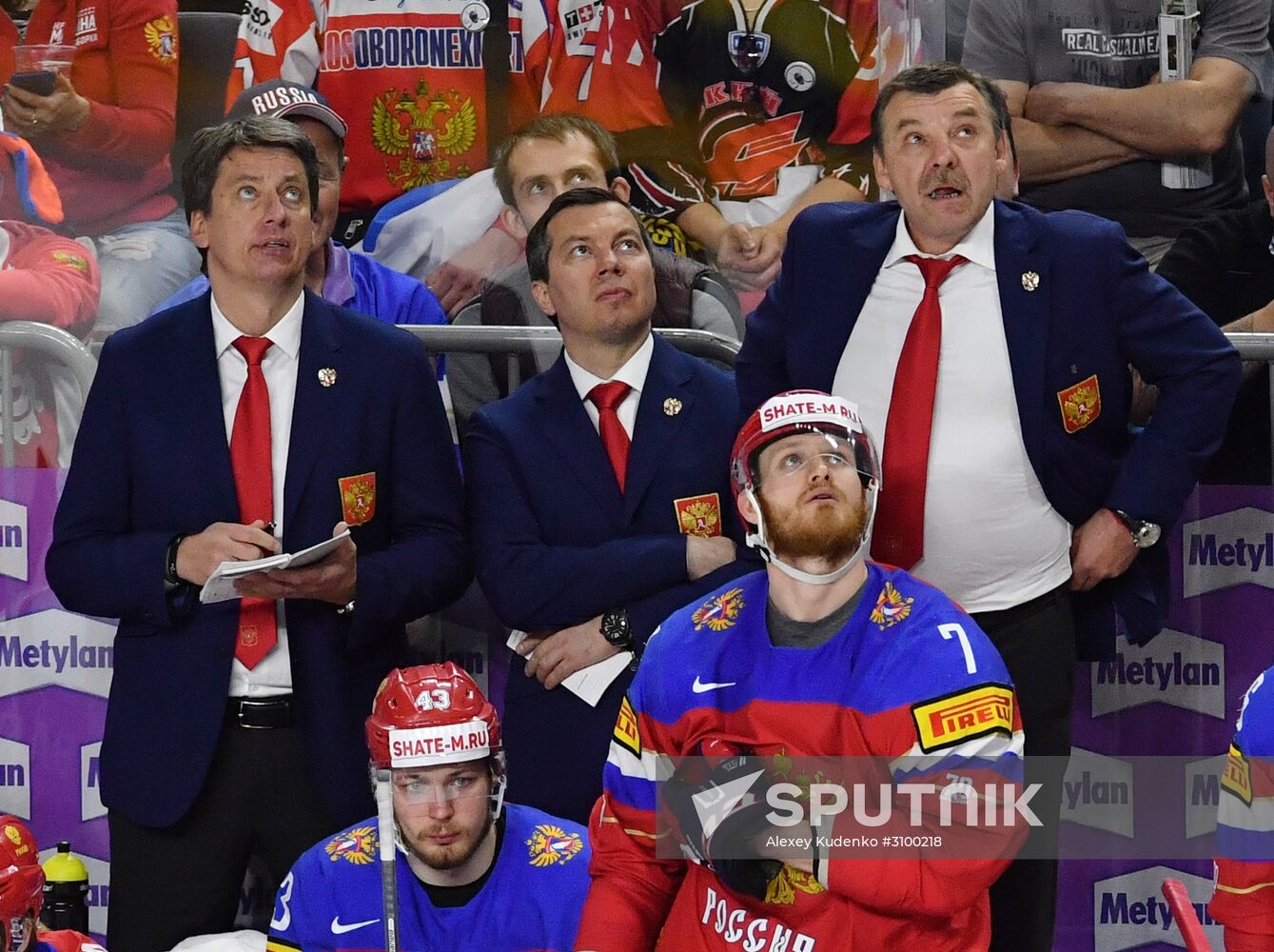 From left: Russian national team coach Harijs Vitolins, coach Ilya Vorobyov and head coach Oleg Znarok at the 2017 IIHF World Championship group stage match between the national teams of Russia and the USA. Location: Germany, Cologne . Author: Alexey Kudenko/Sputnik. 2017 IIHF World Championship. Russia vs USA