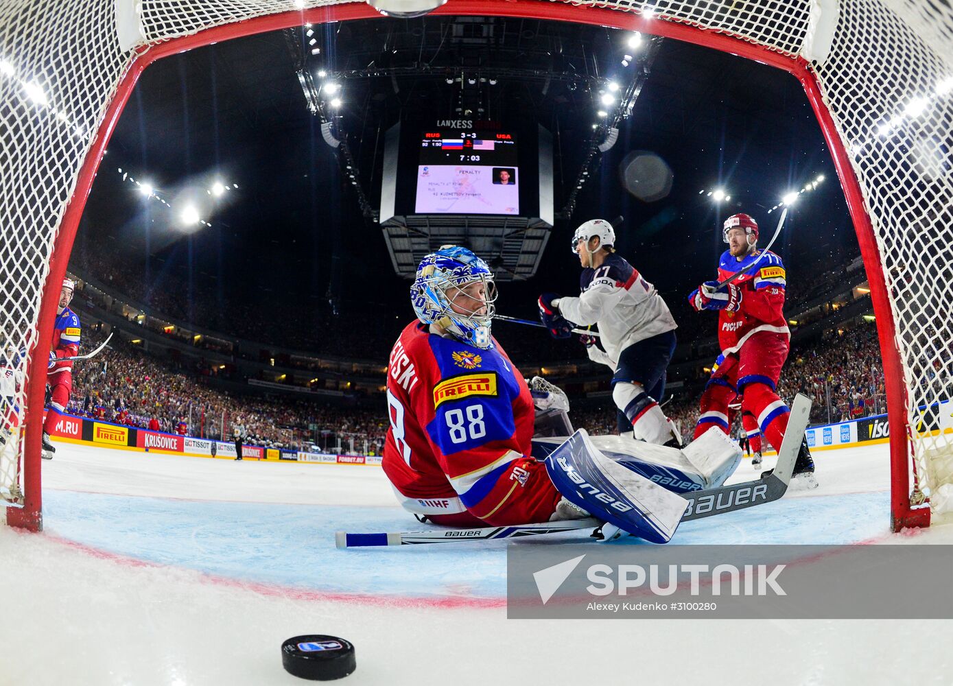 Russia's goalie Andrei Vasilevsky fails to make a save at the 2017 IIHF World Championship group stage match between the national teams of Russia and the USA. Location: Germany, Cologne . Author: Alexey Kudenko/Sputnik. 2017 IIHF World Championship. Russia vs US