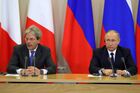 May 17, 2017. Russian President Vladimir Putin and President of the Council of Ministers of Italy Paolo Gentiloni, left, at a joint news conference on the results of the meeting. Location: Russia, Krasnodar region, Sochi. Author: Mikhail Klimentyev/Sputnik. President Vladimir Putin meets with Prime Minister of Italy Paolo Gentiloni