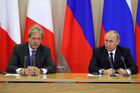 May 17, 2017. Russian President Vladimir Putin and President of the Council of Ministers of Italy Paolo Gentiloni, left, at a joint news conference on the results of the meeting. Location: Russia, Krasnodar region, Sochi. Author: Mikhail Klimentyev/Sputnik. President Vladimir Putin meets with Prime Minister of Italy Paolo Gentiloni