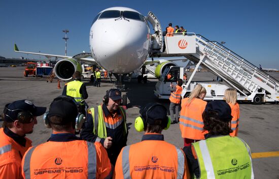 Presentation of Bombardier CS300 plane at Sheremetyevo Airport