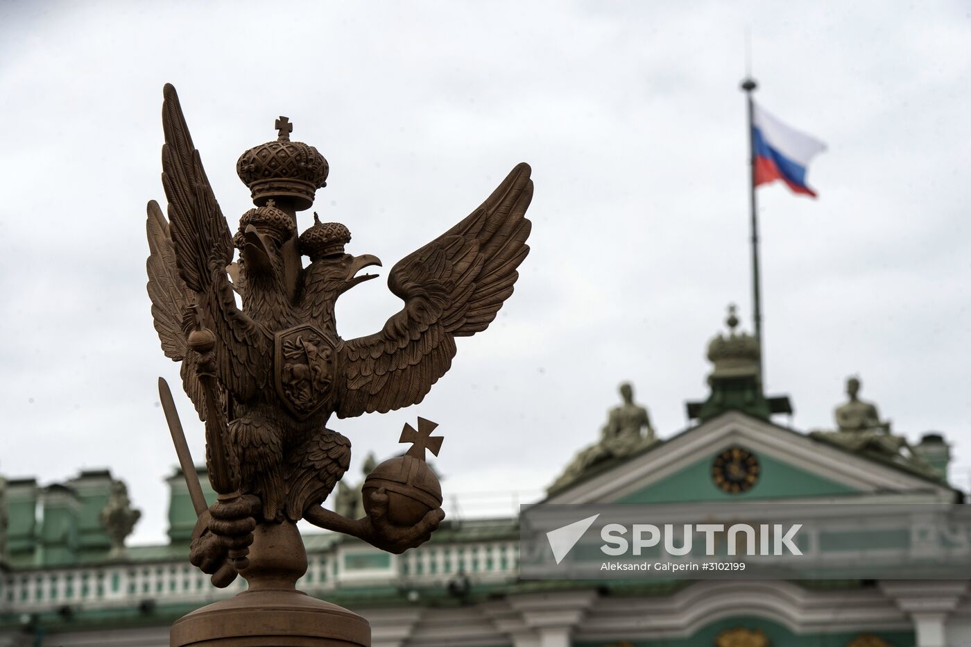Eagles on Alexander Column fence on Dvortsovaya Square in St. Petersburg