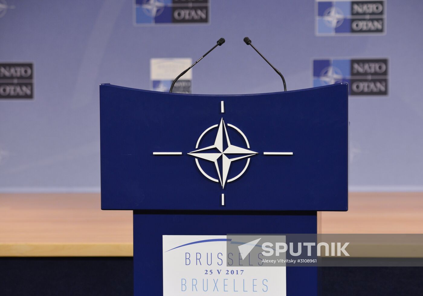 Tribune in press conference hall at NATO Headquarters