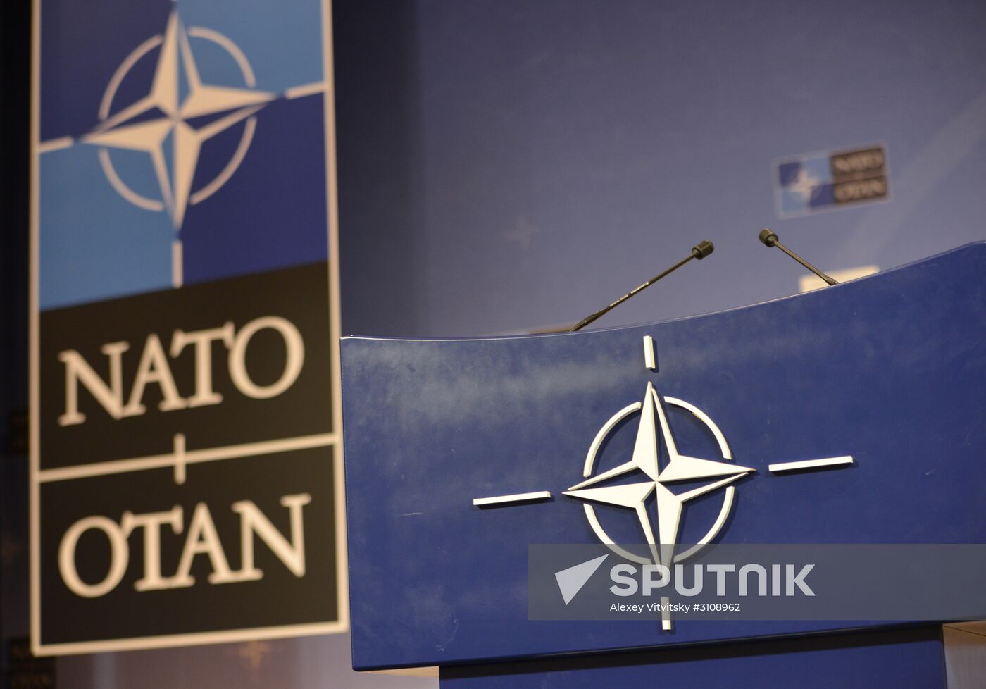 Tribune in press conference hall at NATO Headquarters