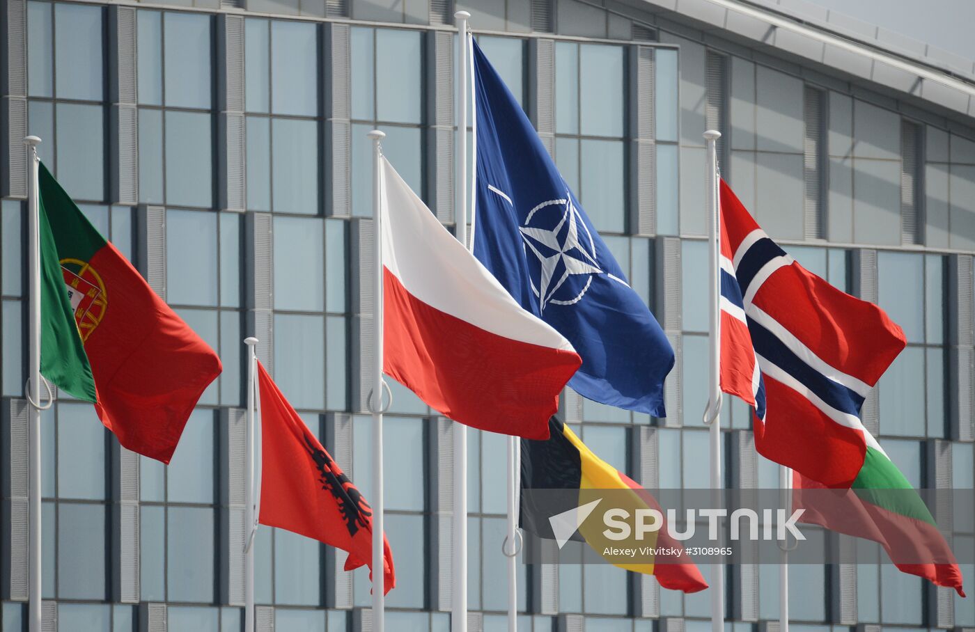 Flags of member states outside NATO Headquarters in Brussels