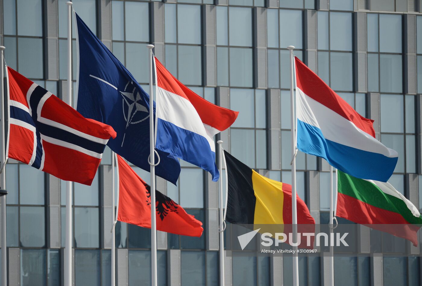 Flags of member states outside NATO Headquarters in Brussels