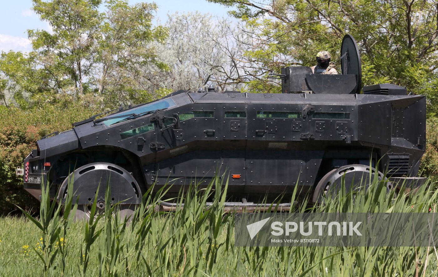 A Falcatus armored vehicle of the Federal Security Service (FSB) is seen here during a drill in Evpatoria on releasing hostages taken by a mock terrorist group. Location: Russia, Republic of Crimea, Yevpatoria. Author: Maks Vetrov/Sputnik. Second stage of FSB drill in Crimea