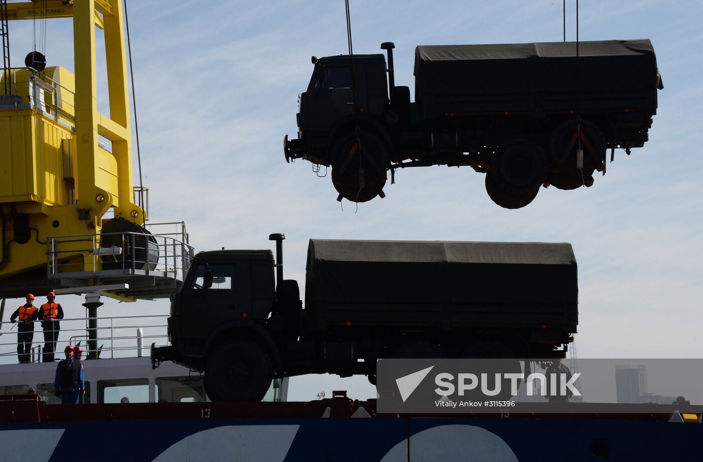 Loading military equipment aboard the vessel Captain Krems during an exercise in Vladivostok