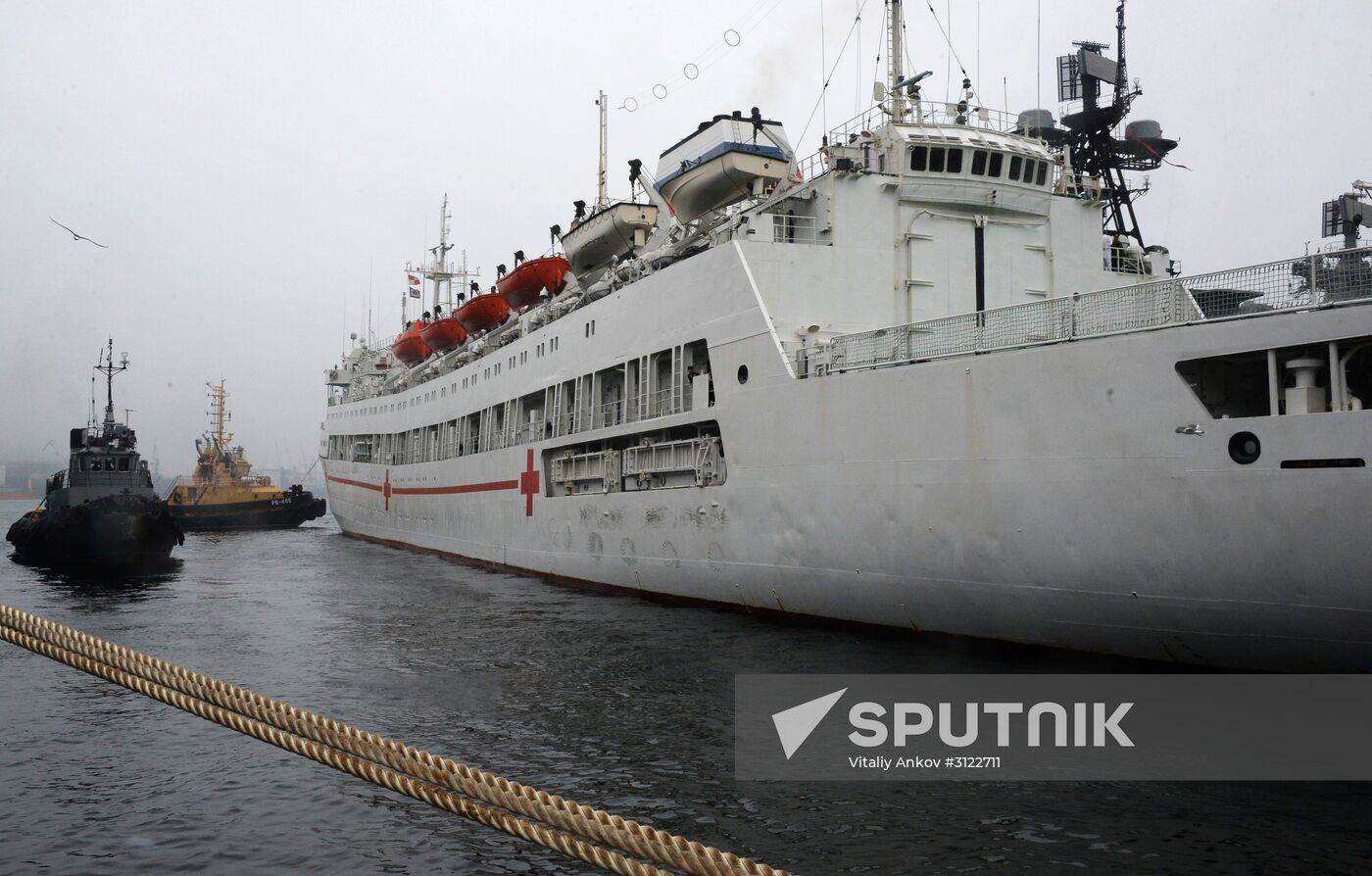 The Irtysh hospital ship is welcomed at Vladivostok port