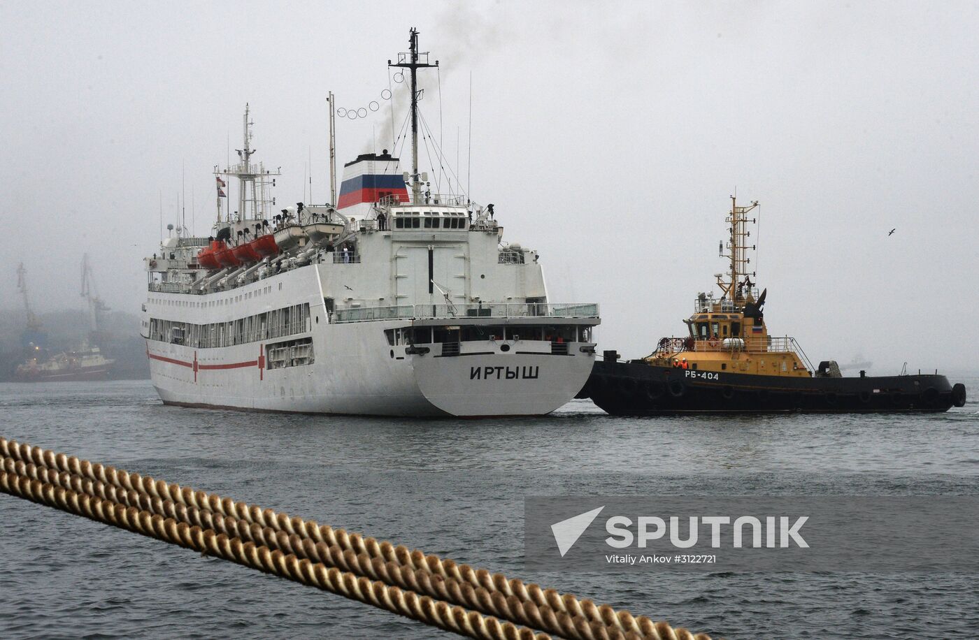 The Irtysh hospital ship is welcomed at Vladivostok port