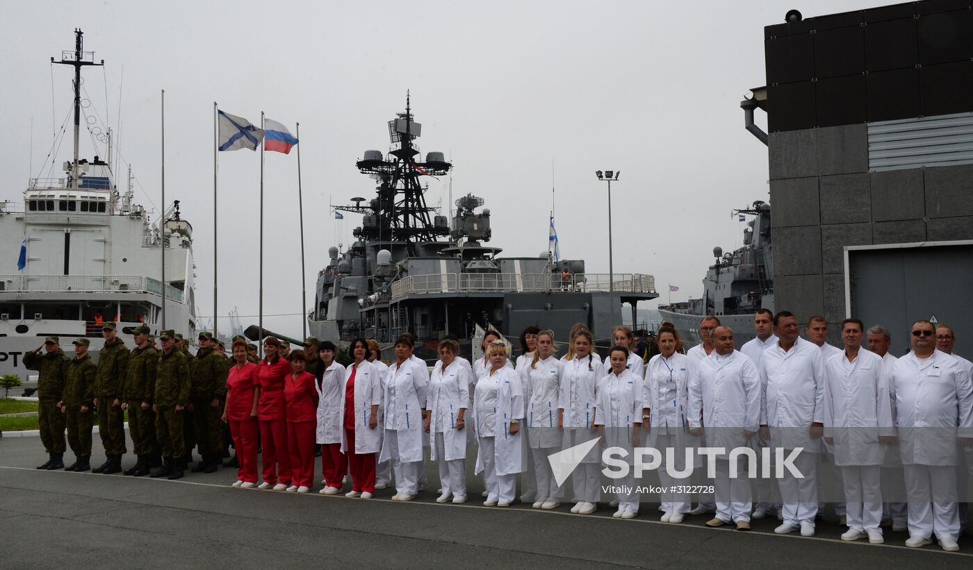 The Irtysh hospital ship is welcomed at Vladivostok port