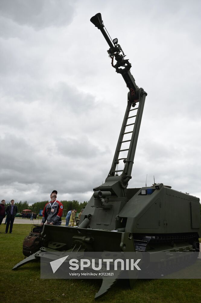 Uran-14, a robotic complex to fight fires at explosion-hazard facilities, is showcased at the Integrated Safety and Security 2017 (ISSE) international exhibition held outside Moscow. Location: Russia, Moscow region. Author: Valery Melnikov/Sputnik. Integrated Safety and Security 2017 (ISSE) international exhibition