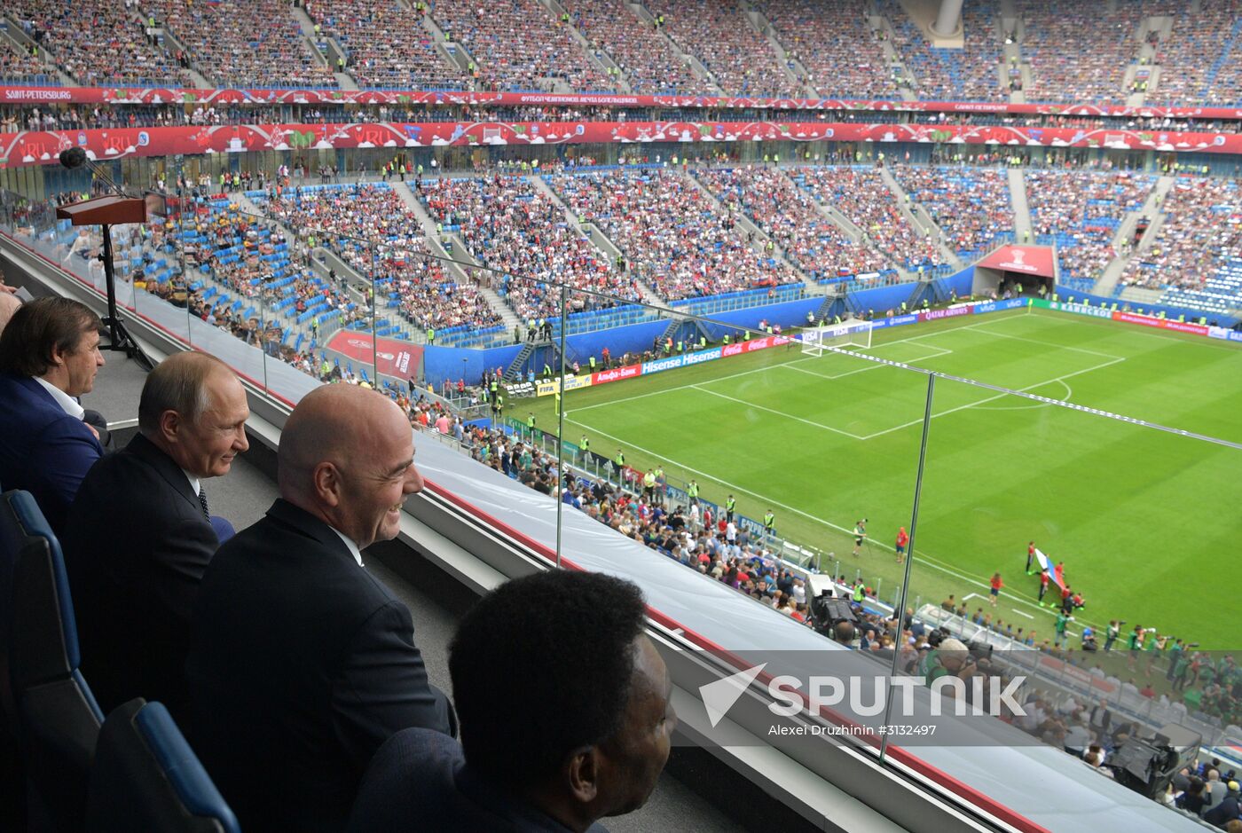 President Vladimir Putin and Prime Minister Dmitry Medvedev attend first match of 2017 Confederations Cup