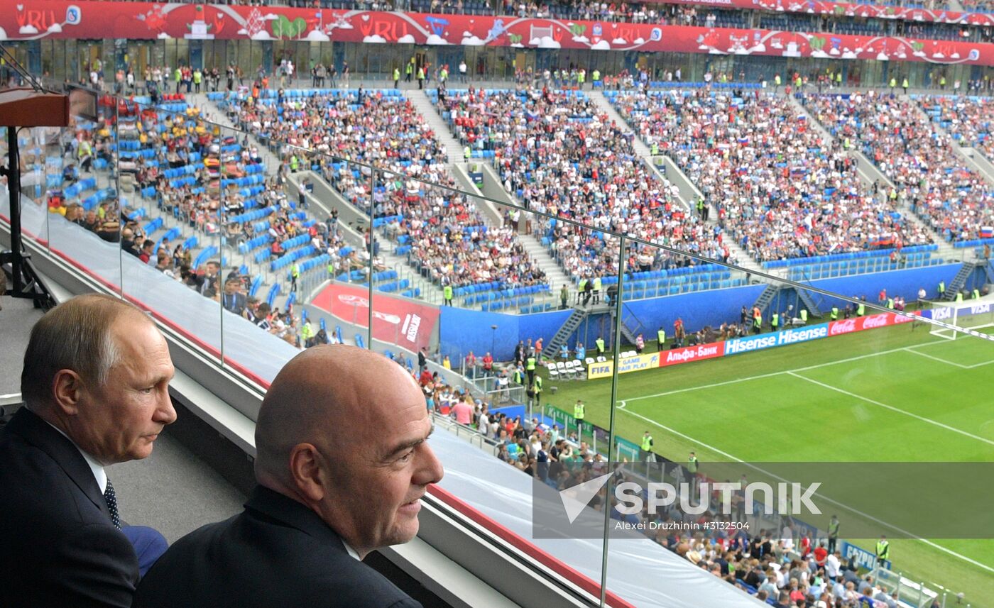 President Vladimir Putin and Prime Minister Dmitry Medvedev attend first match of 2017 Confederations Cup