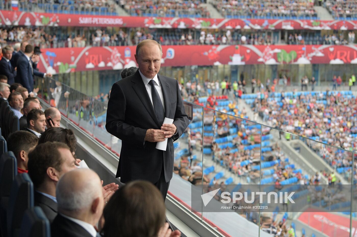 President Vladimir Putin and Prime Minister Dmitry Medvedev attend first match of 2017 Confederations Cup