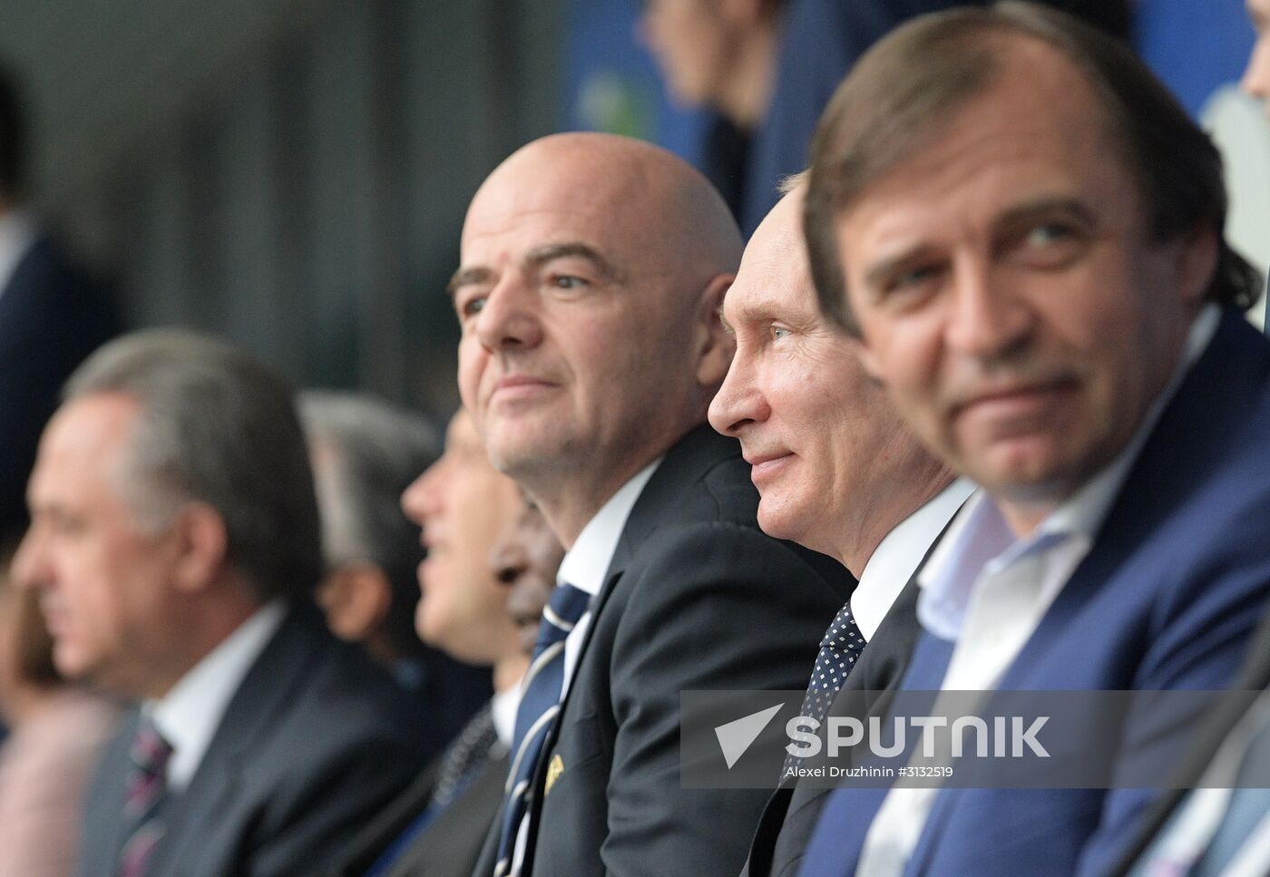 President Vladimir Putin and Prime Minister Dmitry Medvedev attend first match of 2017 Confederations Cup