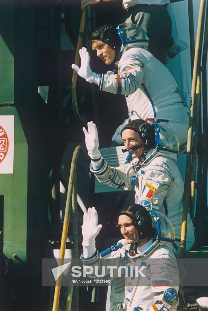 Soyuz T-16 crew: Vasily Tsibliyev, Jean Pierre Haignere and Alexander Serebrov.