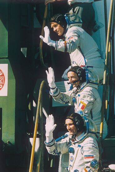 Soyuz T-16 crew: Vasily Tsibliyev, Jean Pierre Haignere and Alexander Serebrov.