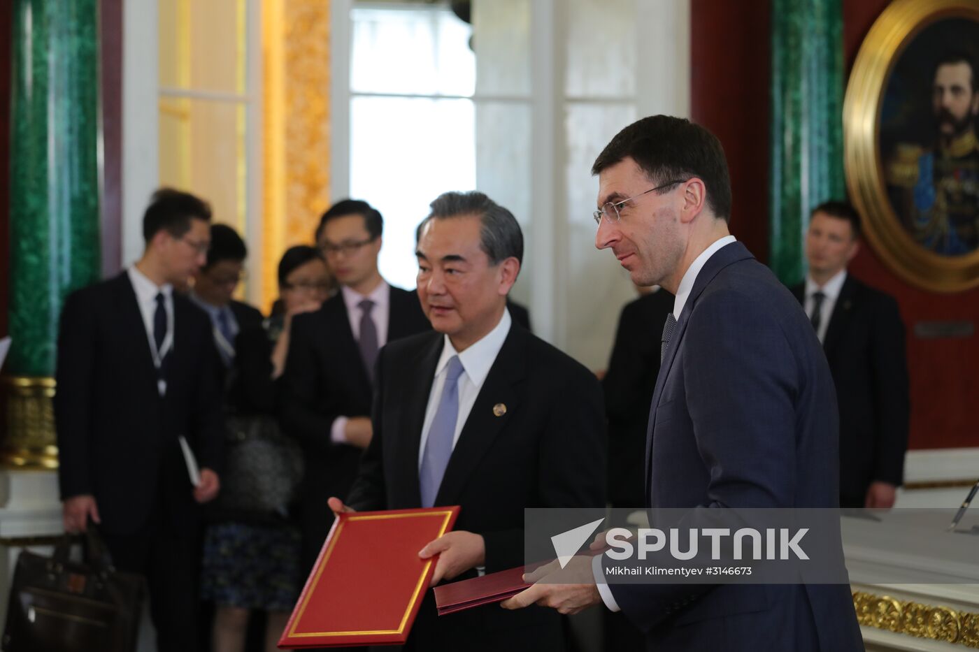 July 4, 2017. Wang Yi, Minister of Foreign Affairs of China, and Russian President's Aide Igor Schegolev during the ceremony of signing documents following Russian President Vladimir Putin's meeting with President of the People Republic of China Xi Jinping. Location: Russia, Moscow. Author: Mikhail Klimentyev/Sputnik. Vladimir Putin meets with Xi Jinping in Moscow
