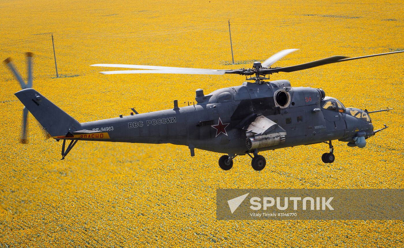 Mi 35M helicopters on training flights in Krasnodar Territory