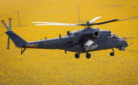 Mi 35M helicopters on training flights in Krasnodar Territory
