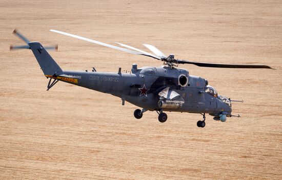 Mi-35M helicopters on training flights in Krasnodar Territory