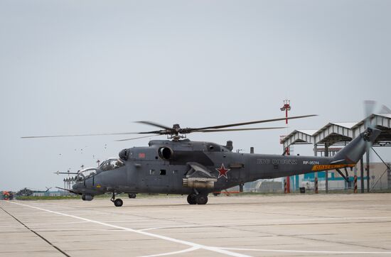 Mi 35M helicopters on training flights in Krasnodar Territory