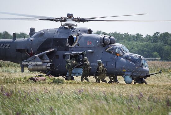 Mi 35M helicopters on training flights in Krasnodar Territory