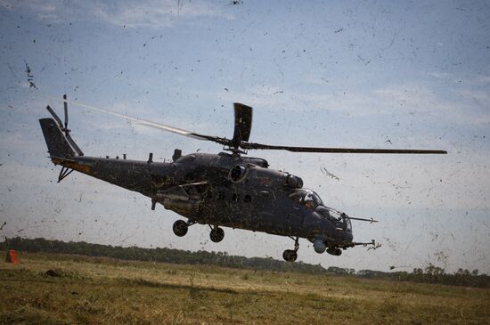 Mi 35M helicopters on training flights in Krasnodar Territory