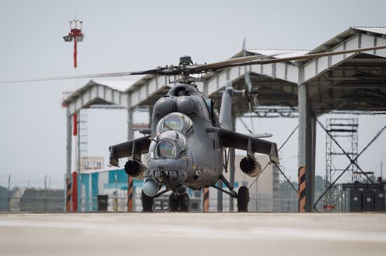 Mi 35M helicopters on training flights in Krasnodar Territory