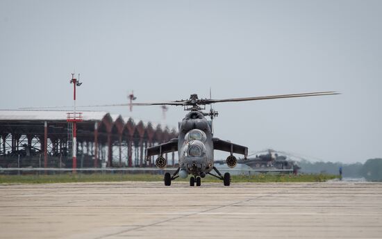 Mi 35M helicopters on training flights in Krasnodar Territory