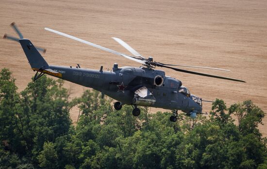 Mi 35M helicopters on training flights in Krasnodar Territory