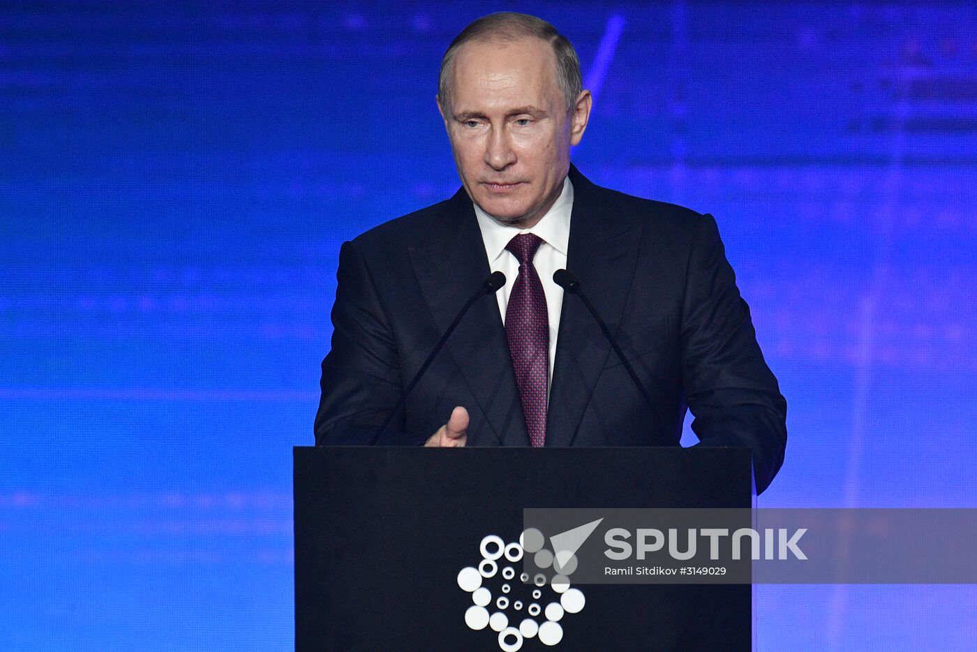 July 9, 2017. Russian President Vladimir Putin speaks at the opening of the INNOPROM-2017 International Industrial Trade Fair in Yekaterinburg. Location: Russia, Yekaterinburg. Author: Ramil Sitdikov/Sputnik. Russian President Vladimir Putin visits Yekaterinburg