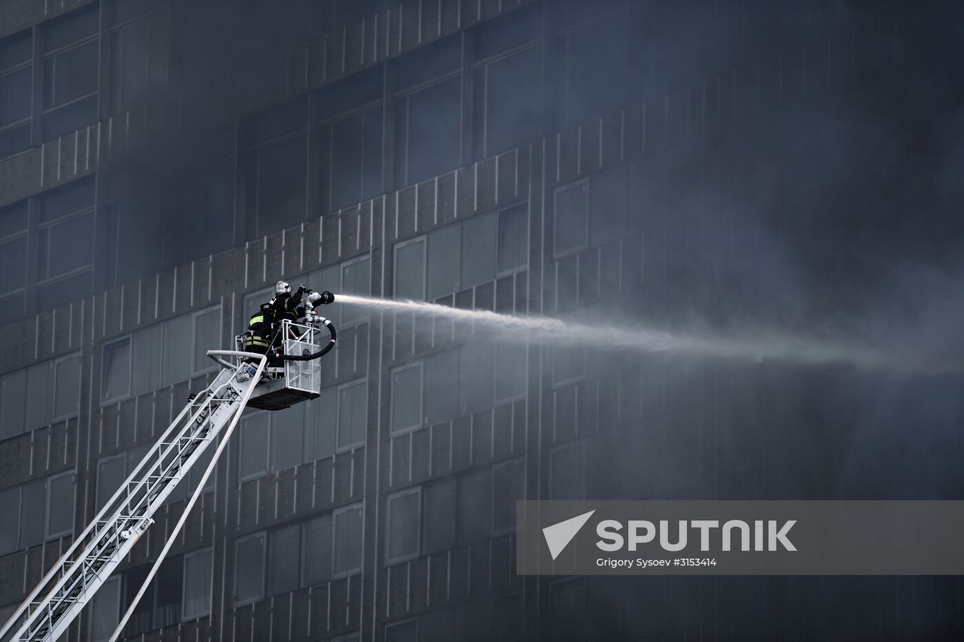 Fire sweeps skyscraper on Moscow's Novy Arbat Street