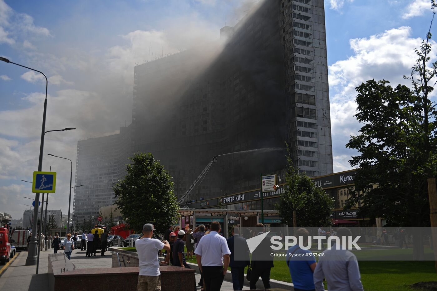 Fire sweeps skyscraper on Moscow's Novy Arbat Street