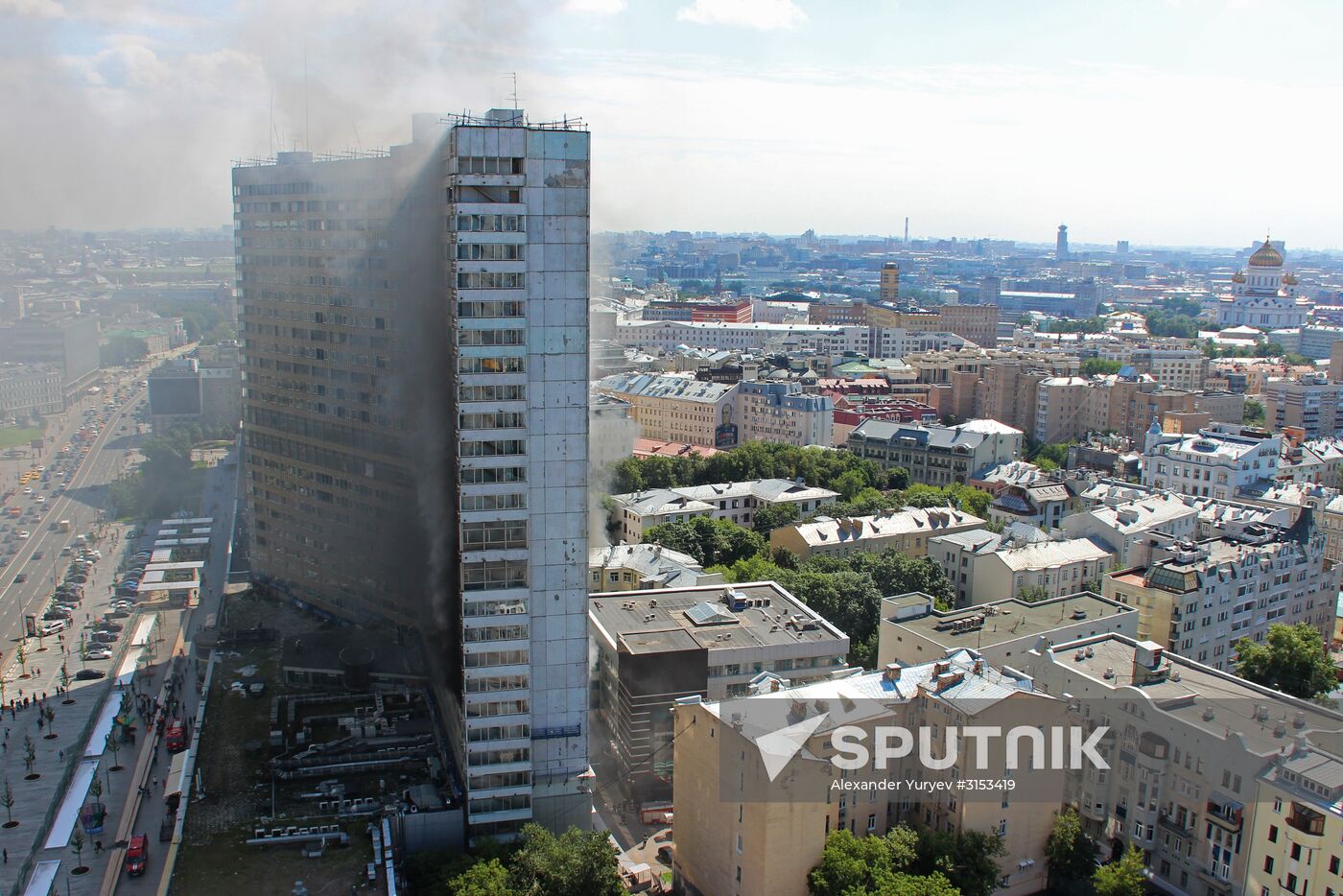 Fire sweeps skyscraper on Moscow's Novy Arbat Street