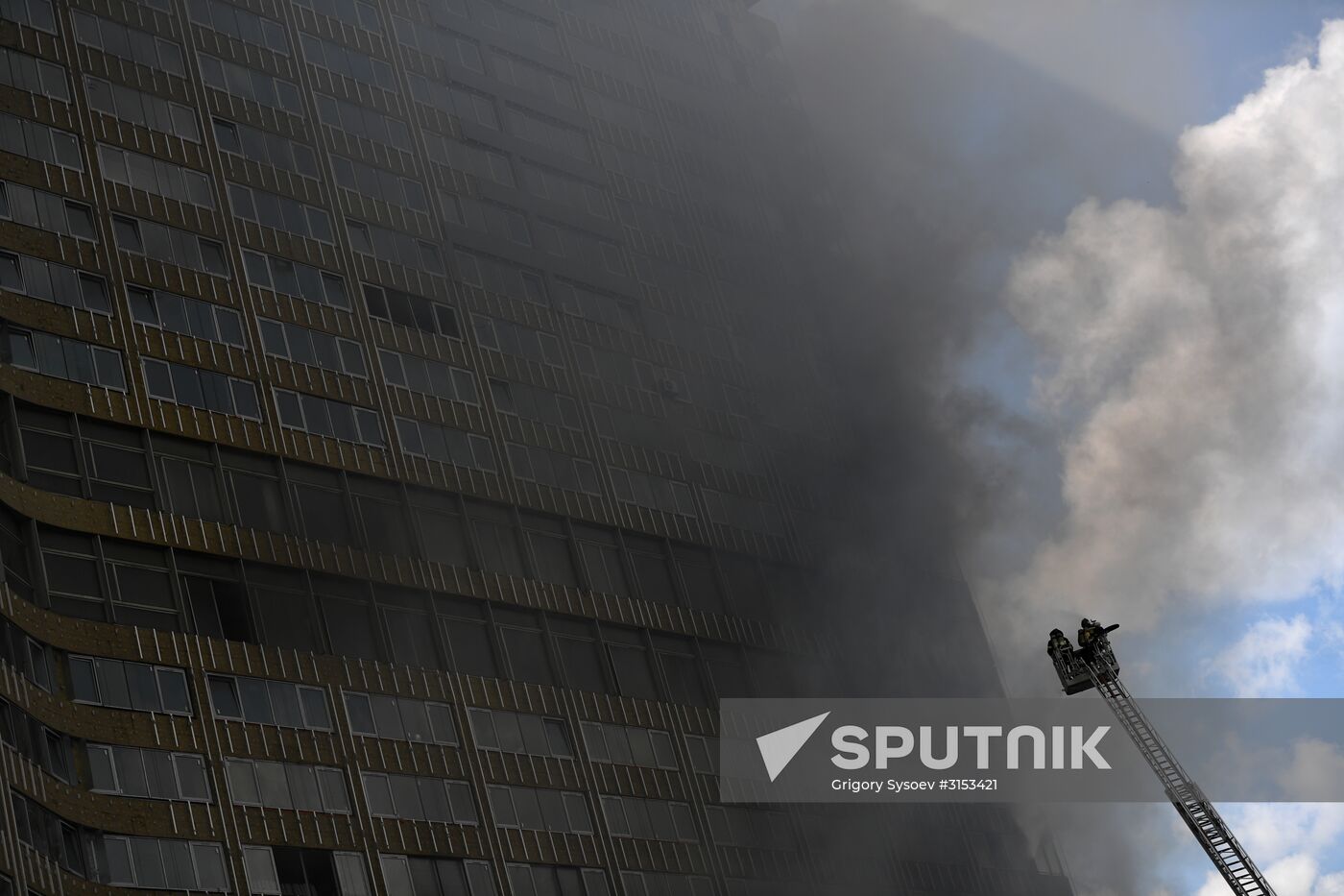 Fire sweeps skyscraper on Moscow's Novy Arbat Street
