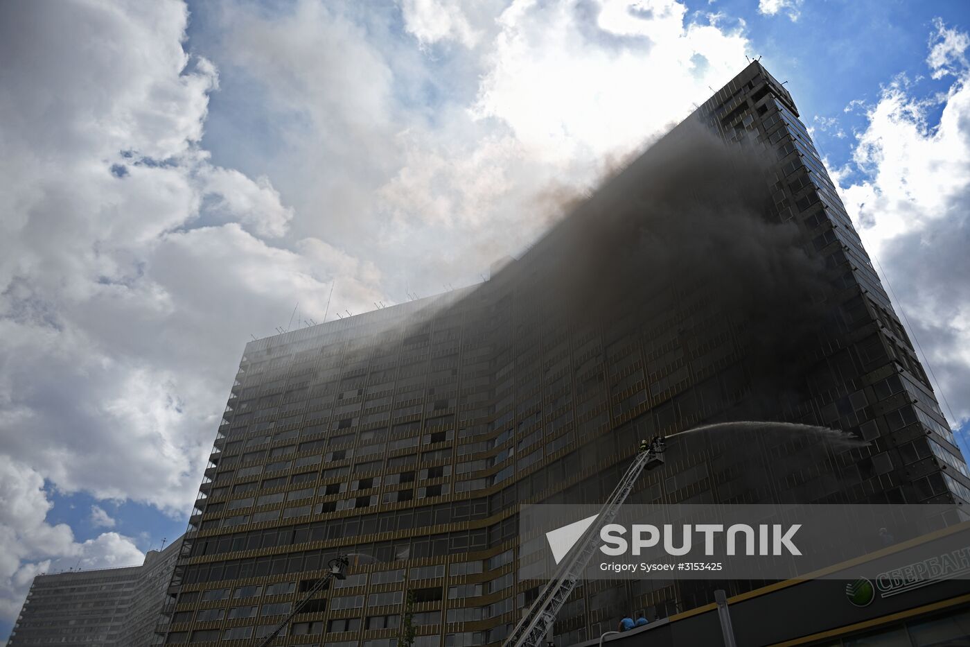 Fire sweeps skyscraper on Moscow's Novy Arbat Street